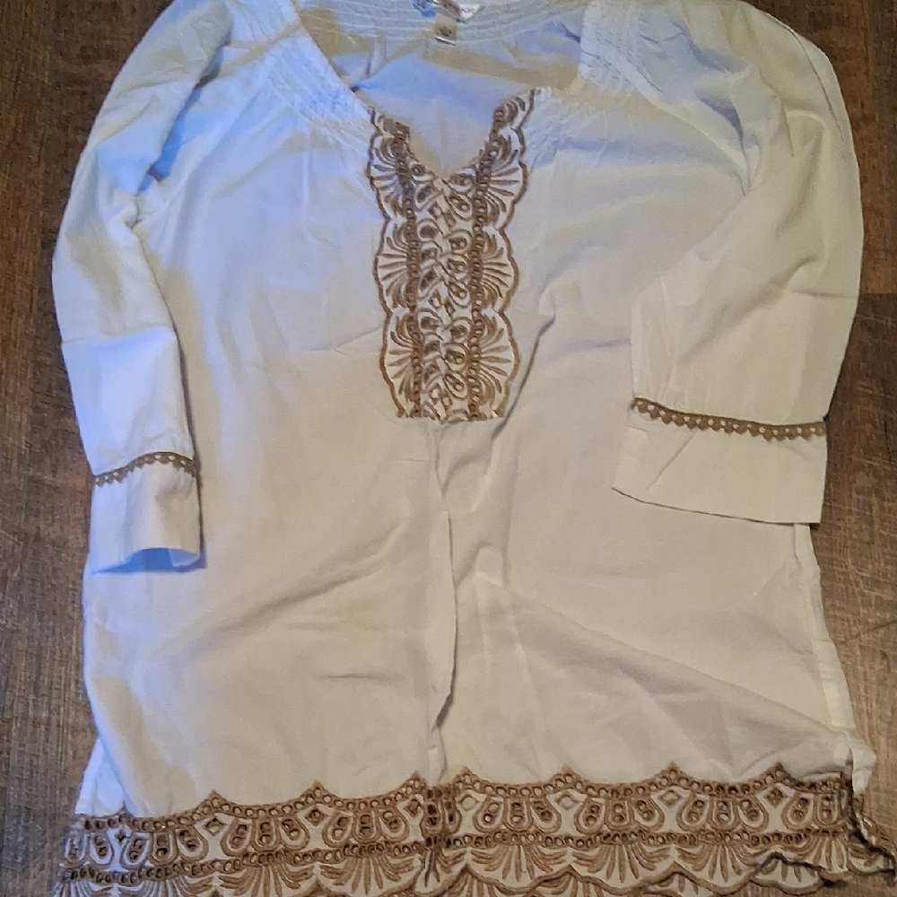 Krazy Kat White Blouse with Brown Embroidery